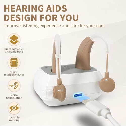 Hearing Aids for Seniors, Rechargeable Hearing Amplifiers for Seniors with Noise Cancelling, Delmicure Hearing Amplifiers for Adults with Adjustable Volume& Charging Base, Brown