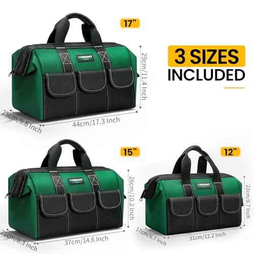 Tool Bag 3 Pack, Tool Organizer Set with Multiple Pockets, 12/15/17 inch Tool Bag Organizer, Oxford Fabric, Green