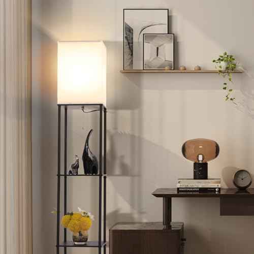 Floor Lamp with Shelves, with Modern Square Standing Lamp with Smart APP Control RGB Bulb, Corner Display Bookshelf Lamp for Living Room, Bedroom and Office (black-9RGB)