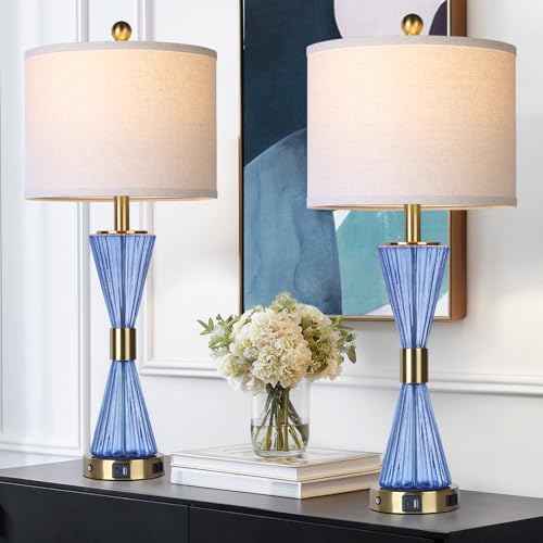 28" Blue Glass Table Lamp Set of 2 with USB C+A Ports and AC Outlet, 3 Way Touch Modern Bedside Lamps for Night Stands, Coastal Nightstand Lamps for Bedroom Living Room