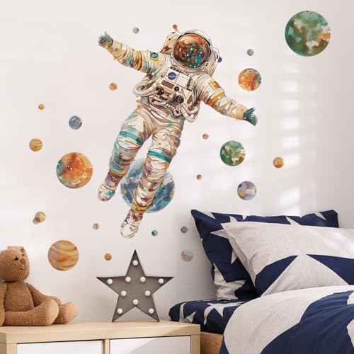 Astronaut Wall Stickers Large Cartoon Spaceman Outer Planet Wall Decals Creative DIY Art Vinyl Removable Art Decor for Kids Bedroom Playroom Living Room