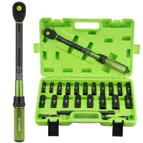 etoolab 1/2" Drive Click Torque Wrench with Deep Impact Socket (6~24mm),Dual-Range¡¼10-170ft.lb/13.6-230.5Nm¡½¡¾3% Precision,10" Extension Bar,Universal Joint,Drill Adapter