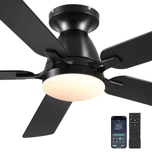 Ceiling Fans with Lights, 56" Flush Mount Ceiling Fan with Light and Remote/APP Control, Low Profile, Modern Ceiling Fan Reversible, Dimmable, Noiseless, Black for Bedroom