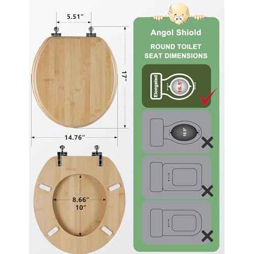 Angol Shiold Round Bamboo Toilet Seat with Zinc Alloy Hinges, Easy to Install also Easy to Clean, Natural Bamboo, Light, 16.5-inch