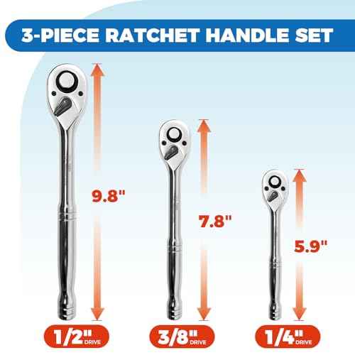 3-Piece Ratchet Set, Quick Release Reversible, 72-Tooth, 1/4", 3/8", 1/2" Drive Ratchet Wrench, 5 Degree Swing, Chrome Alloy Made, Full Polished