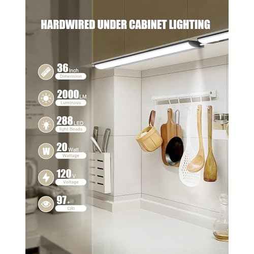Hardwired Under Cabinet Lighting, 36 inch LED Under Counter Lights for Kitchen, CRI 97, 120V, 20W, 2000Lm 3CCT Dimmable Linkable Under Cabinet Lights with Power Cord and Linked Cord, Black