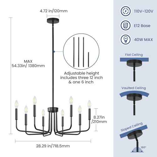 Yunnix Black Chandeliers for Dining Room 8-Light Modern Farmhouse Hanging Light Fixture in Iron for Kitchen Island Over Table, Living Room Foyer Lighting Bedroom