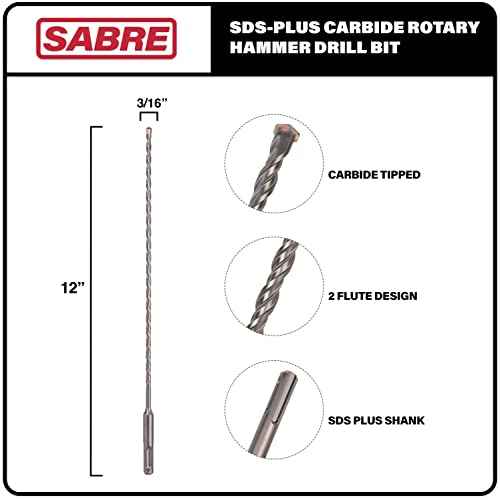3/16 Inch x 12 Inch SDS Plus Rotary Hammer Drill Bit, Carbide Tipped for Brick, Stone, and Concrete (3/16" x 10" x 12")