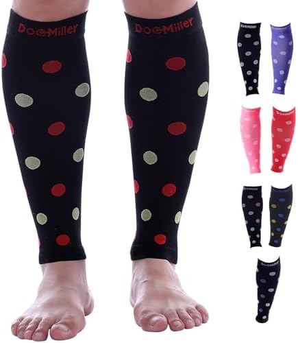 Doc Miller Calf Compression Sleeve – Footless Socks for Women & Men, 20-30mmHg, Shin Splint & Leg Cramp Support, Varicose Veins, Knee High, 1 Pair, Polka Dot