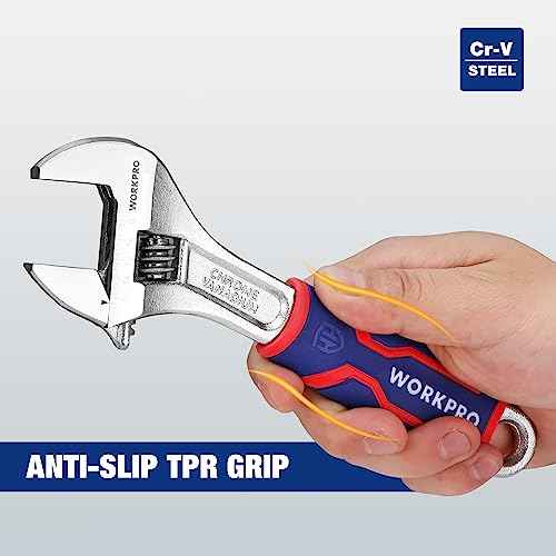 WORKPRO 8-inch Adjustable Wrench, Wide Jaw Opening Wrench with Rubber Anti-slip grip, Metric/SAE Scales, Premium Cr-V Steel, Chrome Plated