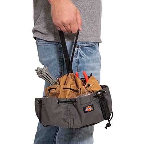 Dickies 12-Pocket Drawstring Work/Tool Bag, Heavy-Duty Drawstrings for Quick-Closure, Snap-Secured Tape Strap, Durable Canvas Construction, Grey/Tan