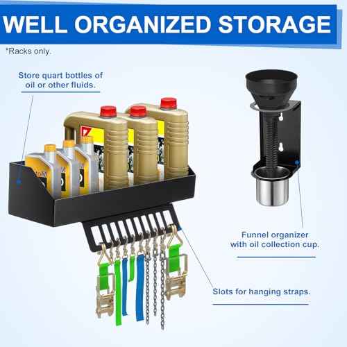 Zonon 6 Quart Motor Oil Bottle Holder Oil Bottle Storage Rack with Funnel Holder Organizer Wall Mount for Shed Garage, Pegboard, Workshop, Home, Enclosed Race Trailer Shop, Fit Most of Storage Tool