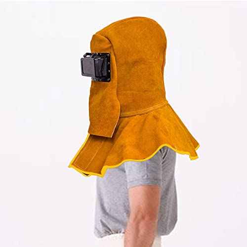 2025 Cowhide Leather Welding Hood with Solar Auto Darkening Filter Lens Mask,Full Protective Leather Welder Hood Welding Helmet with Neck Shoulder Protective,Welding Flame Heat Resistant Work Cap Hat