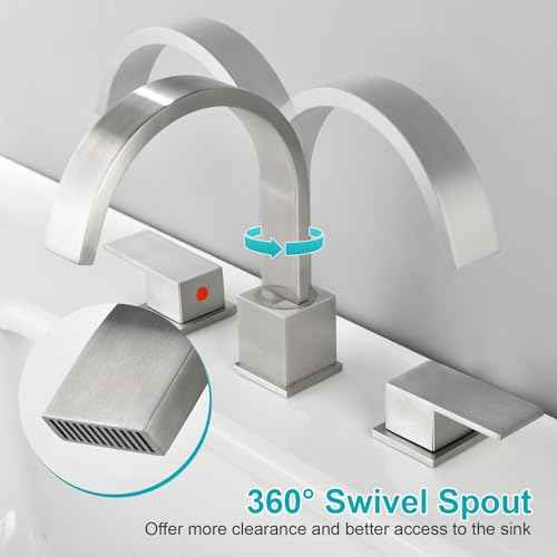 Widespread 8 Inch Brushed Nickel Bathroom Sink Faucet, Waterfall Nickel Stainless Steel Bathroom Faucet for Sink 3 Hole, Vanity Lavatory Sink Faucets with Drain & Water Hoses