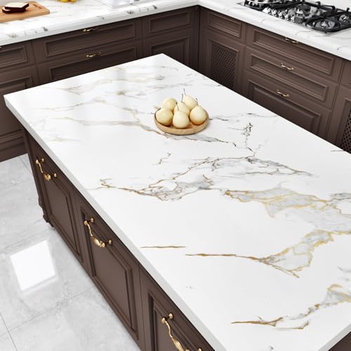 White Gold Marble Contact Paper for Countertops Waterproof White Marble Wallpaper Peel and Stick Removable Countertop Contact Paper for Kitchen Table Cabinets Matte Granite Wallpaper 15.8"x80"