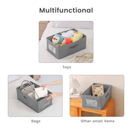 4 Packs Linen Storage Bins with Clear Window, Closet Organizers and Storage Containers with Handle, Large Storage Box Basket for Clothing, Jeans, Toys, Books, Shelves(18.50x11.02x7.87in.)
