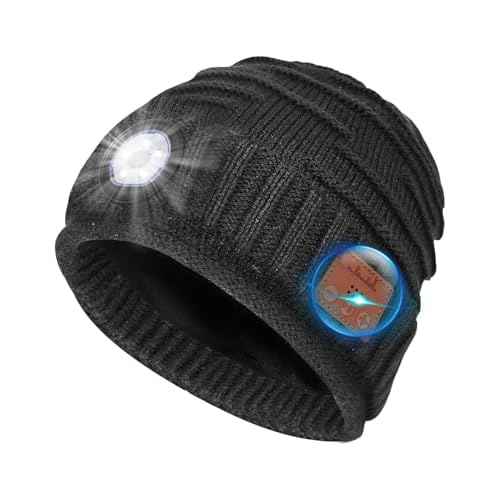 Bluetooth Beanie with a Light, Rechargeable Hat with 4 LED Headlamp & Headphones, Christmas Stocking Stuffers Gifts for Men