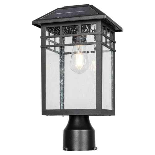 Solar Outdoor Post Light Fixture, Modern Exterior Pillar Lantern with Black Finish & Seeded Glass, Dusk to Dawn Outside Pole Light for Garden, Backyard, Courtyard, Patio, Pathway
