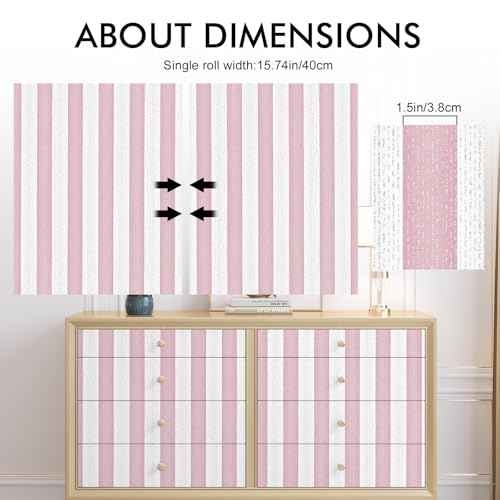 Pink Stripe Peel and Stick Wallpaper 15.7" x 118" Pink and White Self-Adhesive Wallpaper Removable Waterproof Contact Paper for Cabinets,Bedroom,Nursery,Accent Wall