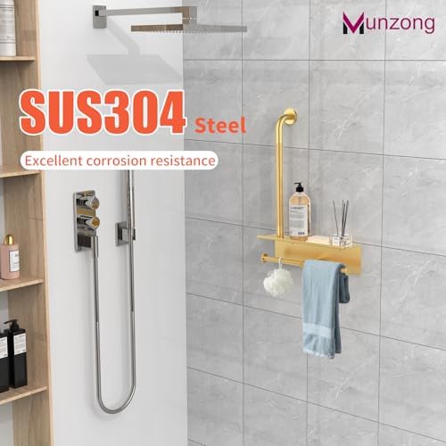 Bathroom Grab Bar w/Toilet Tissue Roll Holder, Gold 3 in 1 Double Toilet Paper Holders w/Storage Shelf, Anti Slip Stainless Steel Safety Hand Rail Support Handicap Elderly Senior Assist Bath Handle