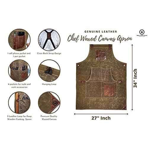 One Size Fits Utility Apron | Adjustable Cross-Back Straps | Multi-Use Shop Apron With Tool Pockets By Aaron Leather Goods (Green, Canvas Leather)