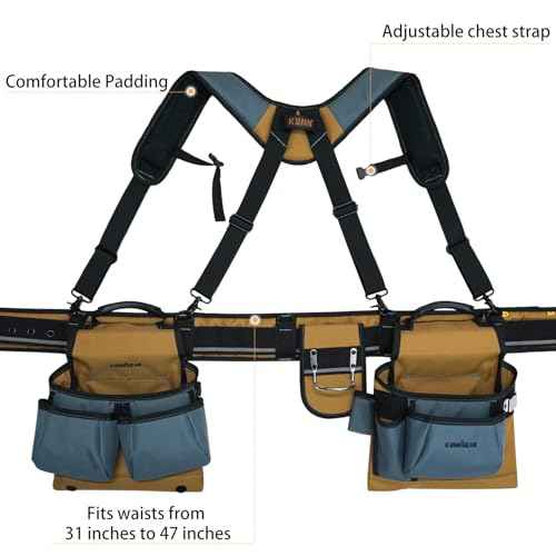 KUNN Carpenter Tool Belt with Suspenders Pro Framer Suspension Tool Rig for Construction Contractors and Electrician,Khaki