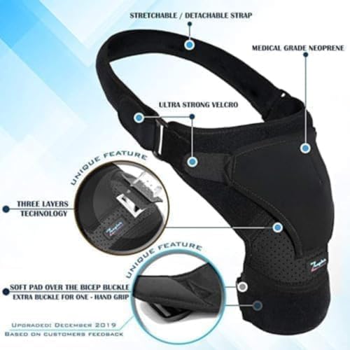 Shoulder Brace for Women and Men - Support for Torn Rotator Cuff, AC Joint Pain Relief and Dislocated Shoulder. Compression Sleeve, Arm Immobilizer Wrap, Stability Strap + Free Extension, Left-Right