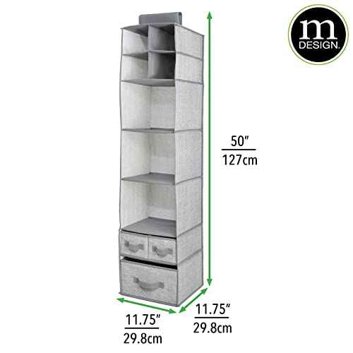mDesign Fabric Hanging Organizer - Over Closet Rod Storage - 7 Shelves/3 Removable Drawers for Baby Nursery Bedroom Organization - Hold Clothes, Linens, Toys, Accessories - Lido Collection - Gray
