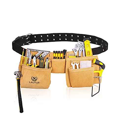 LAUTUS Suede Tool Belt/Pouch/Bag/Work Apron | Carpenter, Construction, Framers, Electrician |11 Pockets | Adjustable Double Pronged Belt | 2 Hammer Loops|