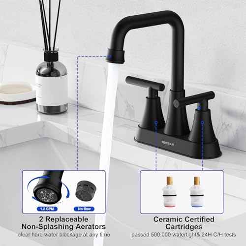 Matte Black Bathroom Sink Faucet, Hurran 4 inch Bathroom Faucets for Sink 3 Hole with Pop-up Drain and Supply Hoses, 360 Swivel Spout Centerset Faucet for Vanity RV Farmhouse, 2 Pack
