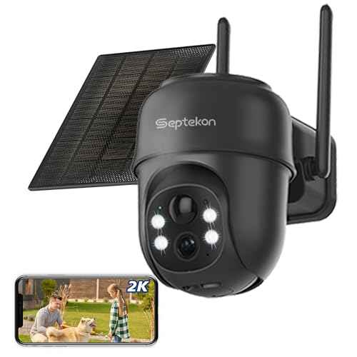 Septekon 2K Solar Security Cameras Wireless Outdoor, 360¡ÆPTZ Battery Powered Outdoor Camera, 2.4G WiFi Camera with Spotlight Color Night Vision, Motion Sensor Alarm, IP66, Black