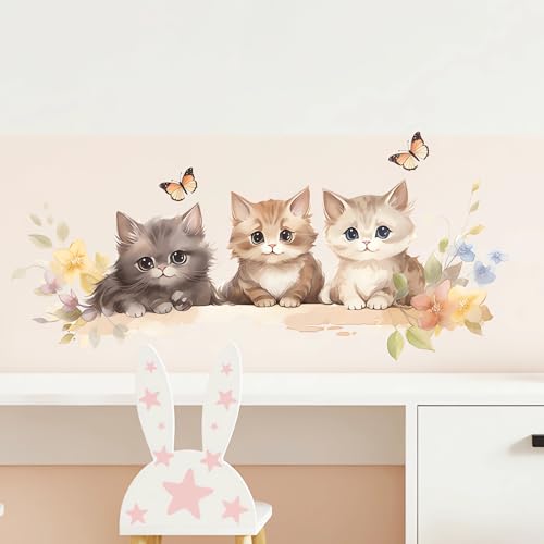 Cozy Kittens Wall Stickers, sacinora Cute Cartoon Cat Butterfly Art Wall Decals Removable Vinyl Peel and Stick for Baby Boy Girl Nursery Living Room Bedroom Toddler Room Kindergarten Home Decorations