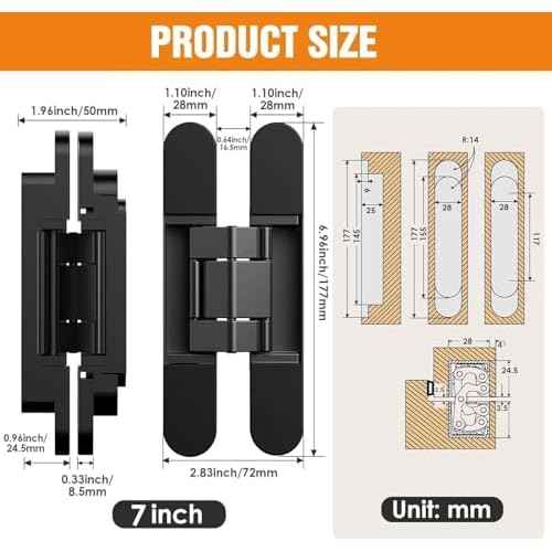 7" Hidden Door Hinge/Concealed Hinges,Invisible Hinges,Invisible Door Silent 180 Degree Swing Hinge 3-Way Adjustable Butt 7 x 2.8 x 1 (Pack of 2) (Black 7 inches)