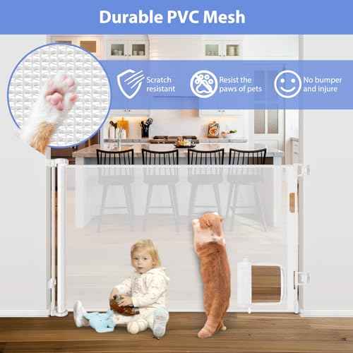 Retractable Baby Gates with Cat Door 80" Wide Retractable Dog Gate with Pet Door Outdoor Retractable Gate for Dogs Retractable Pet Gate with Door Mesh Baby Gate Retractable Mesh Dog Gate (White)