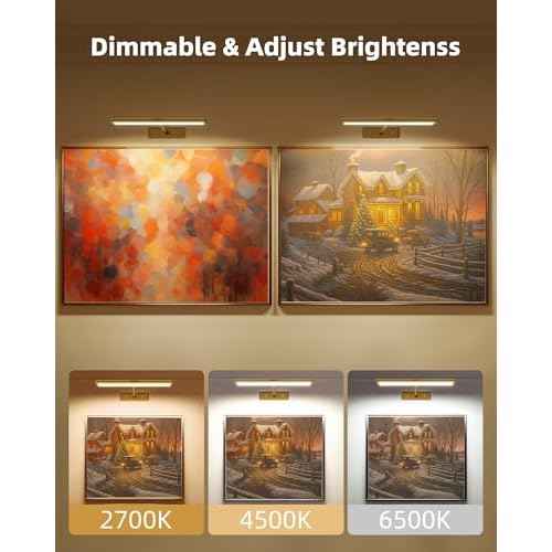 EZVALO Picture Light for Wall, 4800mAh Rechargeable Wireless Remote, Dimmable Magnetic LED Art Display Light with 3 Color Temperatures, for Gallery, Living Room, Bedroom, Hallway (Gold-2Pack)