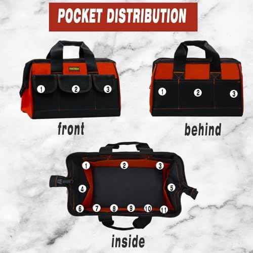 FASTECH Small Tool Bag, 14INCH Waterproof Bag With Soft Padded Handle and Shoulder Strap 18Pockets Portable Empty Tool Organizer Storage For Man/Woman