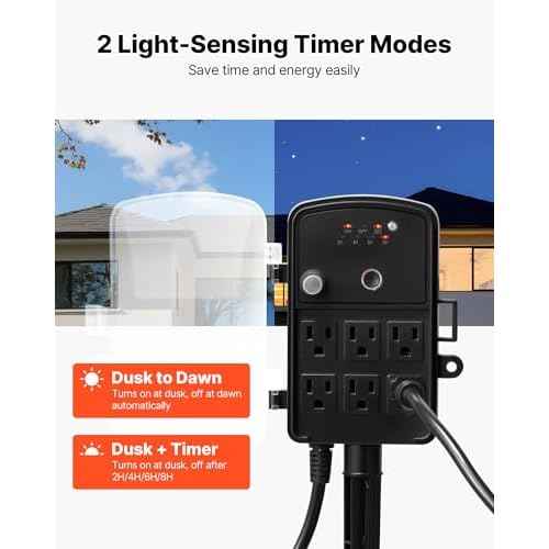 VEVOR Outdoor Power Stake Timer, 50FT Extension Cord, Remote Control Outdoor Power Strip with Cover, Dusk to Dawn Light Timer Waterproof, 6 Outlets for Halloween Christmas Lights, Garden Decorations