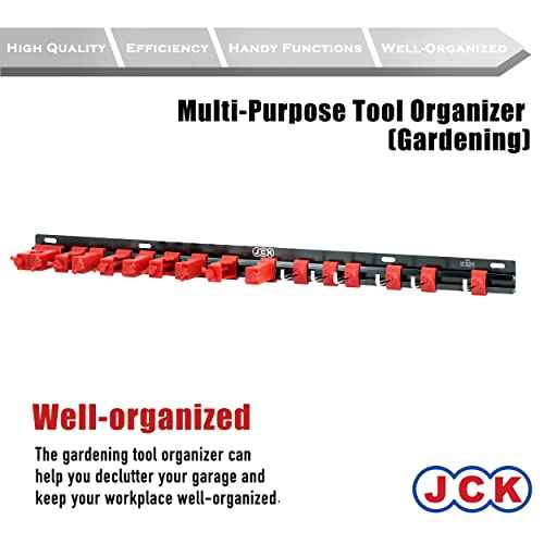 JCK Professional Multi-Purpose Gardening Tool Organizer, Adjustable Red Clips Black Aluminum Rack, Garden Tool Organizer Wall Mount Garage Organizers and Storage with Hooks Tool Hangers for Shed
