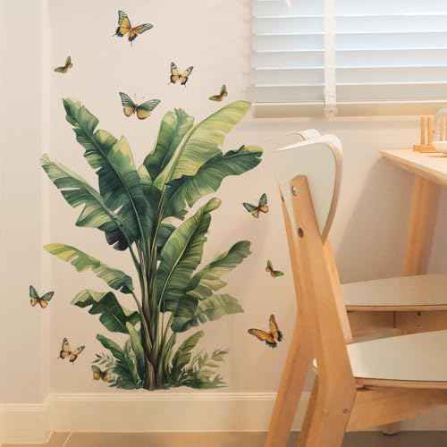 Tropical Leaf Wall Decals Palm Leaves with Butterflies Peel and Stick Wall Stickers for Living Room Bedroom Dining Room Home Wall Decor