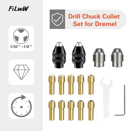 Drill Chuck Collet Set for Dremel, 16PCS 0.8-3.2mm Replacement 4486 Drill Keyless Bit Chuck Shank Rotary Tool Quick Change Adapter