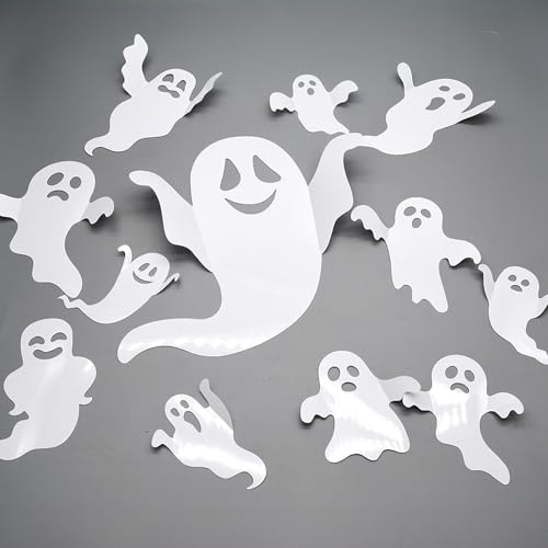 24pcs 3D Ghost Stickers - Reusable Cute Halloween Decor - Self-Adhesive White Ghost Wall Stickers for Gothic Window, Door, Wall, Room, Closet