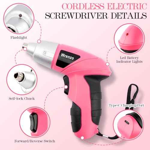 Drill Set, Cordless Drill, Small Tool Kit, 112pc 3.6V USB Tool Set, Tool Kit for Dorm, Cordless & Rechargeable, Pink Home Toolbox for Women, DIY Toolbox