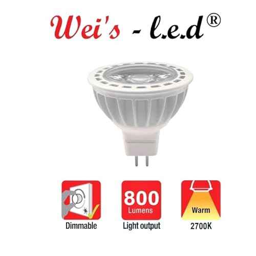 wei's-l.e.d 8W MR16 GU5.3 Led Bulbs, High Power, 800 Lumens, 38 Degree, Replace 85W Halogen Equivalent, 12V Low Voltage, Dimmable! 6 Pack. 2700K or 5000K, Warm White or Daylight (2700K Warm White)