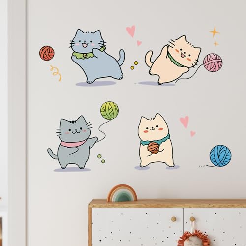 Cartoon Cute Cat Wall Stickers for Nursery Kitten Playing with Yarn Ball Wall Stickers for Kid Girl Baby Room Stickers Peel and Stick Wall Art Home Decor Living Room Bedroom Bathroom