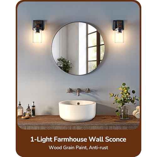 EDISHINE Wall Sconces Set of 2, Farmhouse Vanity Light Fixtures with Clear Glass Shade & Dark Brown Wood Grain Paint, 1-Light Wall Mount Lamp for Bathroom, Hallway, Living Room, Mirror, Kitchen