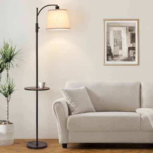 AIDENOEY Fully Dimmable Floor Lamp for Living Room£¬Standing Lamp Rotary Switch with Table&Linen Beige Shade£¬Black Tall Lamps for Bedroom with Adjust Head£¬9W LED Bulb Included