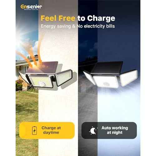 Ensenior Motion Sensor Outdoor Lights, 220 LED IP65 Waterproof Solar Security Light with Remote Control, 3 Heads Solar Flood Light Outdoor with 4 Modes, 270¡Æ Wide Angle Motion Light for Outside -4Pack