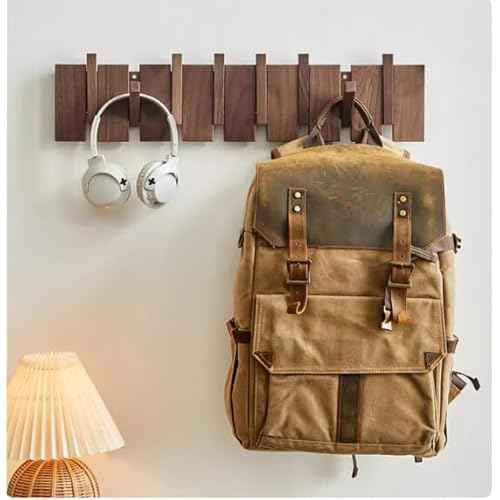 Wood Coat Rack Wall Mounted, Coat Hooks Wall Mount, Flip Down Entryway Wall Art Rack wtih 8 Hooks for Hanging Coats Keys Hats Towels Bags, Walnut