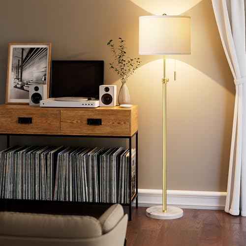 PARTPHONER Floor Lamp for Living Room, 66'' Adjustable Height Standing Lamp with Marble Base, 3-Color Tall Lamps with Pull Chain, Suitable for Bedroom, Reading, Office (Bulb Included, White Shade)