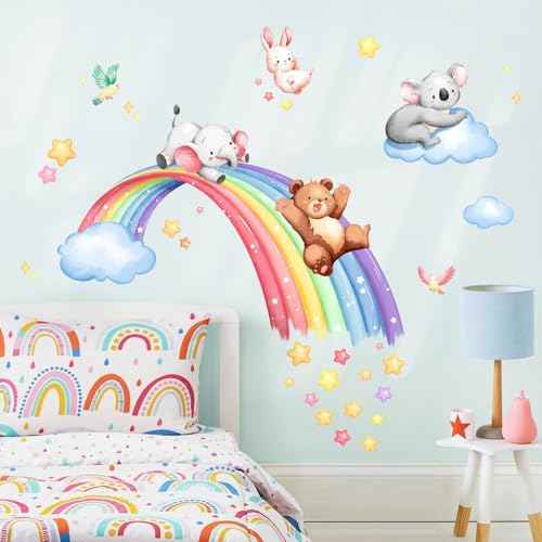 Tanlaby 43" X 43" Animal Rainbow Wall Stickers Bear Elephant Koala Rabbit Wall Decals Peel and Stick Clouds Stars Art Decor for Baby Nursery Kids Bedroom Playroom Daycare Classroom
